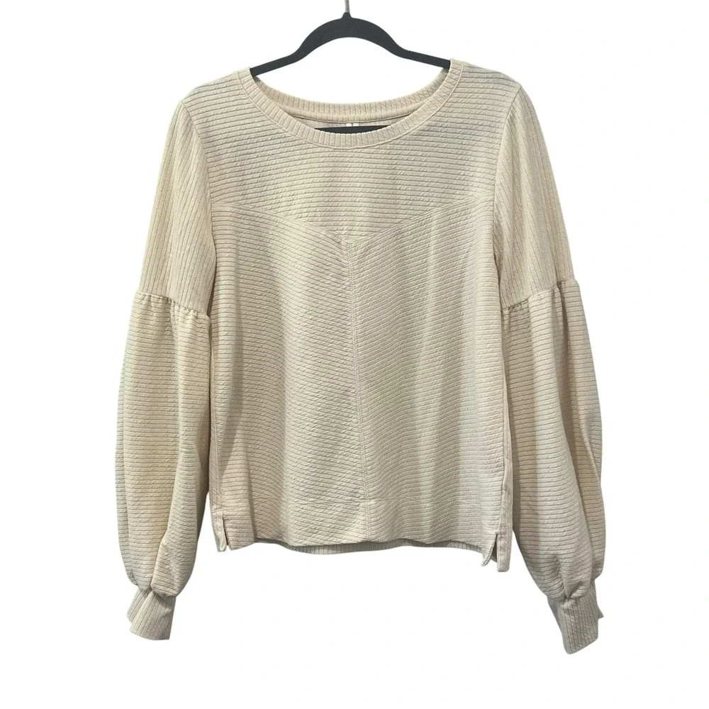 Anthropologie Bayleigh Balloon Sleeve Textured‎ Cropped Top Women Large Cream